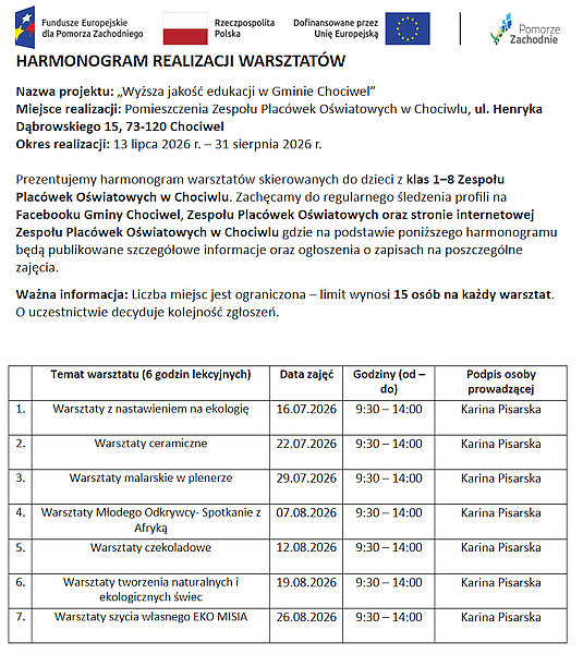 HARMONOGRAM REALIZACJI WARSZTATÓW
