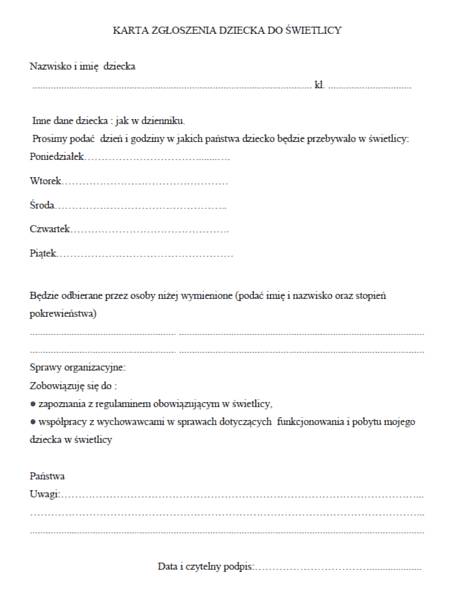 KARTA ZGŁOSZENIA DZIECKA DO ŚWIETLICY